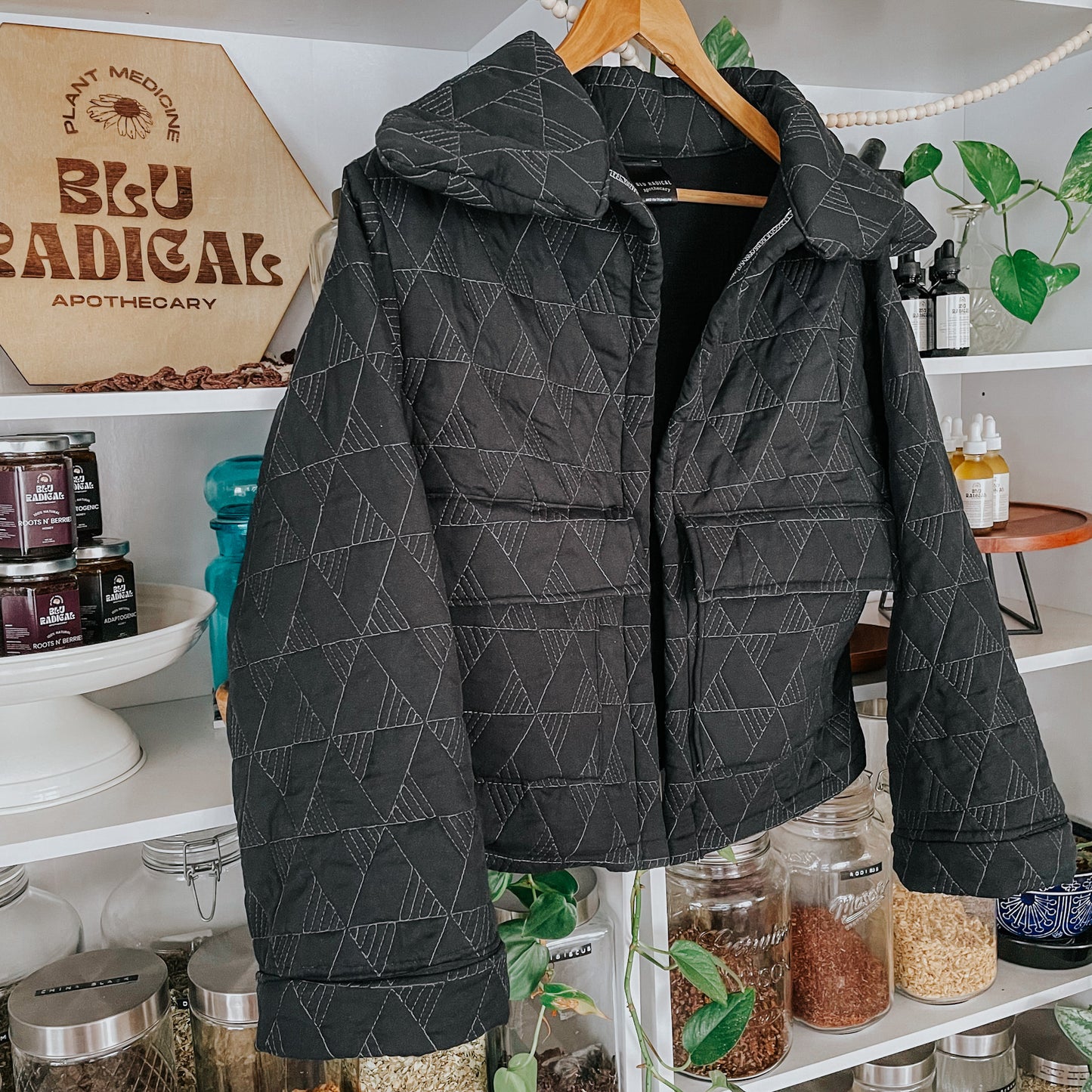 Quilted Jacket: Black Abstract w/ Buttons