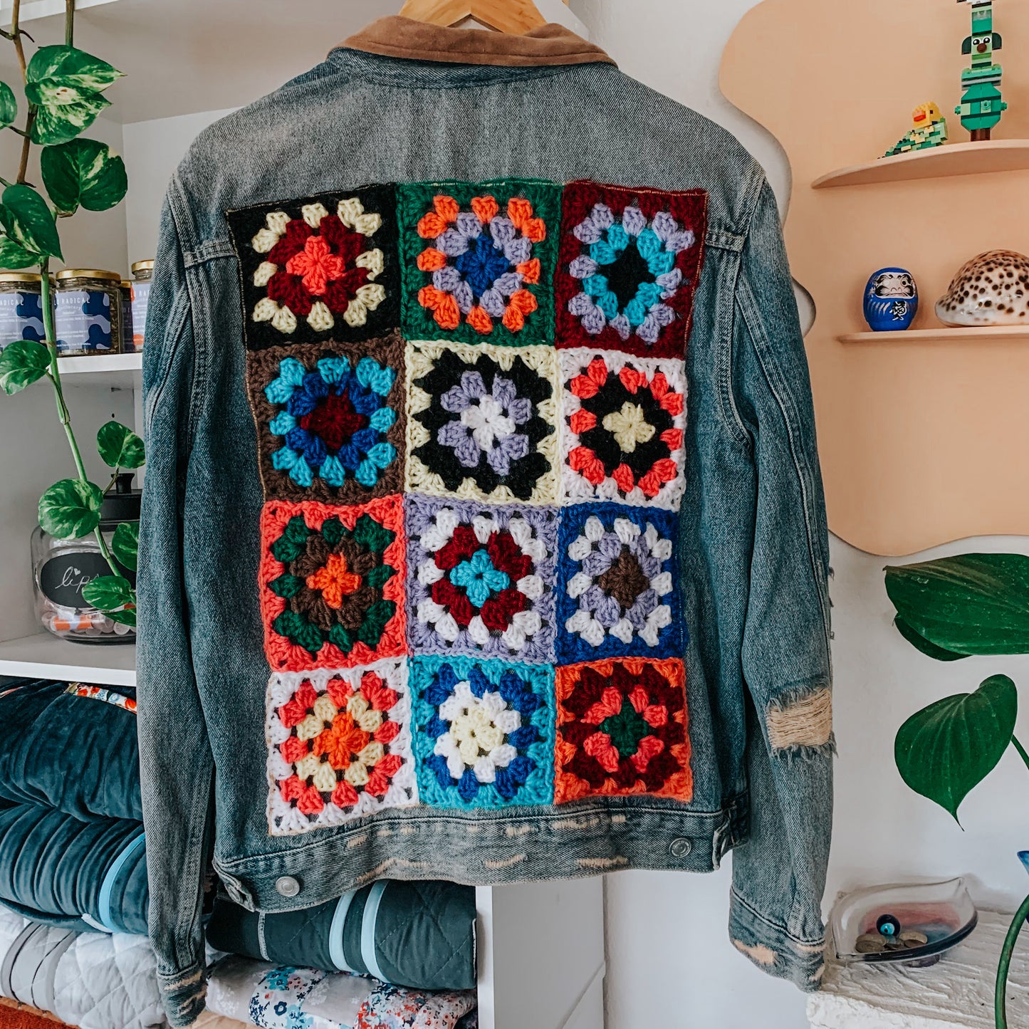 Granny Square Patchwork - Distressed Jean Jacket